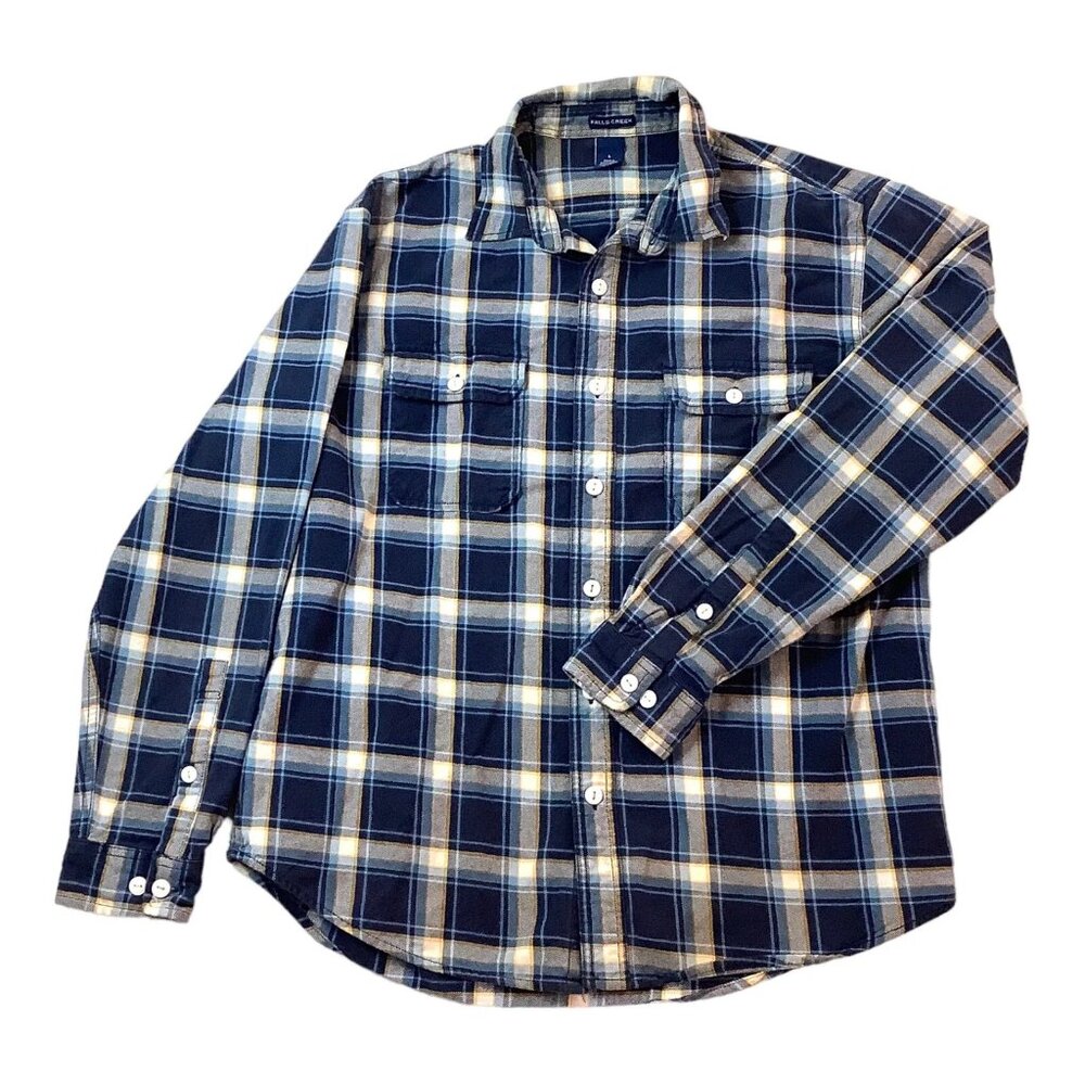 Falls Creek Thick Cotton Shirt Button Up Long Sleeve Size L Blue/Yellow Plaid